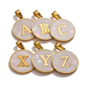 Round Alphabet Pendant Stainless Steel Mother Of Artificial Pearl Inlay Initial Charm DIY Jewelry Making Necklaces Gold Plated Disc