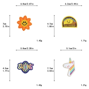 Detailed view of sun, taco, unicorn and shine embroidered DIY patches with dimensions