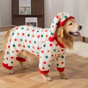 Golden Retriever wearing polka dot fleece pajamas with matching pom-pom hat for winter warmth