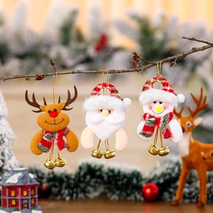 Three-piece Christmas ornaments set with reindeer, Santa, and snowman featuring metal bells