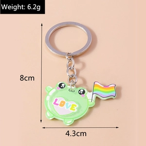 Detailed view of the 8cm acrylic frog keychain featuring a pride rainbow flag and LOVE text