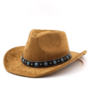 Classic brown western cowboy hat with bohemian turquoise and rivet band decoration
