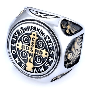 Vintage stainless steel Saint Benedict medal ring with gold cross and engraved details