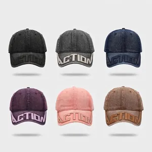 Vintage Washed Denim Baseball Cap Distressed Letter Embroidery Adjustable Curved Brim Sun Hat For Men Women Casual