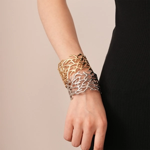 Metallic tree branch texture wide open bangles in gold and silver finish set