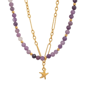 Close-up of double-layer necklace with purple beads, gold chain and starfish pendant