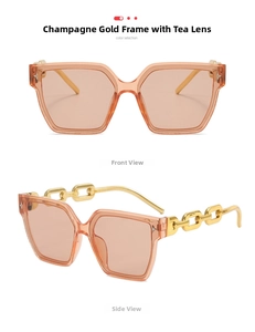 Detail view of champagne tinted lenses and gold chain temples on oversized sunglasses