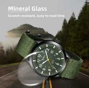Macro shot of mineral glass and 50M water resistance details on military sport watch