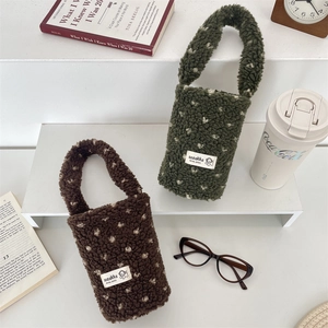 Plush heart patterned shearling drink carrier bag with soft handle in brown and olive