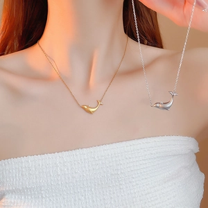 Minimalist matte sand gold whale pendant necklace with zircon stone for women