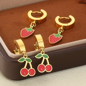 Gold stainless steel hoop earrings with sweet red enamel cherry and strawberry charms