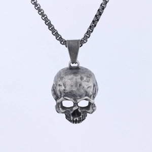 Retro stainless steel skull pendant necklace with square box chain in antique silver finish