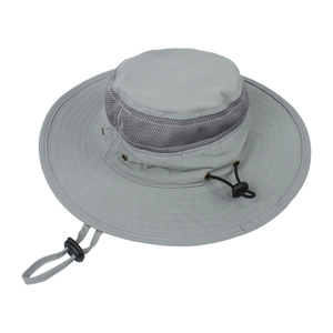 Detail of light grey kids sun hat with mesh side panels and adjustable chin strap