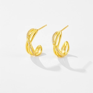 Elegant geometric twisted S925 sterling silver hoop earrings with micro-inlaid zircon stones
