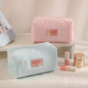Large capacity plush pencil case and cosmetic bag in pink and light blue colors