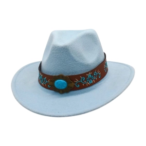 Light blue wool felt cowboy hat with embroidered leather band and turquoise stone