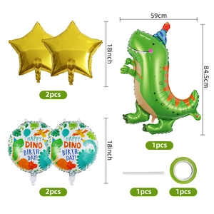 Detailed view of green dinosaur foil balloon set with stars and size dimensions