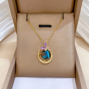 Starry Sky Butterfly Crescent Moon Pendant Necklace Stainless Steel Chain With Zircon Copper Jewelry For Women Dreamy