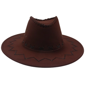 Brown faux suede western cowboy hat with black cross stitching and metal vents