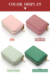 Detail view of lychee leather double-zipper wallets in four assorted colors