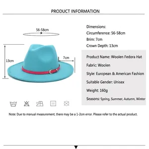 Classic light blue woolen fedora hat with leopard print brim and size chart guide