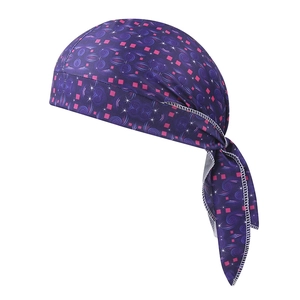 Detail of purple paisley bandana with intricate stitching and elastic sports fabric