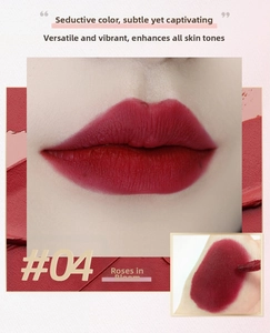 Detailed swatches of matte velvet lip glaze #04 Blooming Rose for lip and hand skin