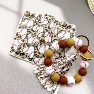 Leopard print and baseball pattern PU leather wallet keychain with beaded wristlet