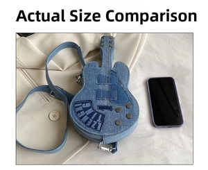 Detailed comparison of guitar-shaped denim crossbody bag with phone for size perspective