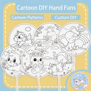DIY cartoon animal coloring fans for children featuring blank unicorn and giraffe patterns