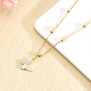 Elegant gold titanium steel necklace with white mother of pearl butterfly pendant