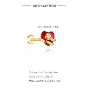 Detail showing S925 sterling silver gold heart stud with red stone and AAAAA zirconia