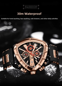 LIGE men's triangle watch showing 30M water resistance on wet stone background