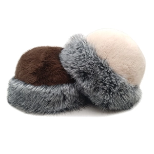 Thick faux fur winter bucket hats in dark brown and beige with grey faux fur trim