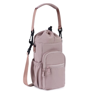 Pink insulated water bottle bag with adjustable shoulder strap and zipper pockets
