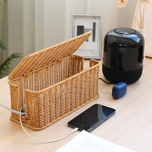 Nordic faux rattan cable management box for desktop power strips and cords in brown