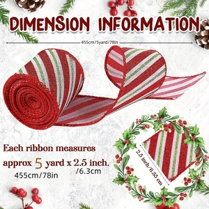 Detailed dimension guide for red and white striped Christmas glitter ribbon 5 yards x 2.5 inches