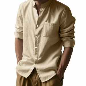 Detail of khaki linen shirt featuring mandarin collar and front chest pocket