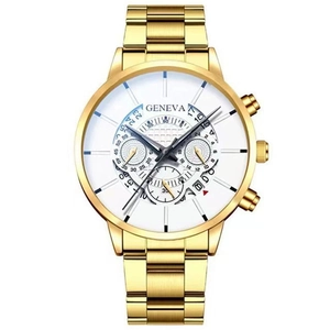 Detail of Geneva quartz watch with golden steel strap, white dial and date display window