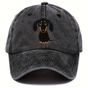 Detailed texture of washed charcoal denim baseball cap featuring a dachshund print