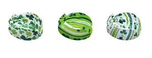 Detailed views of three St. Patrick's Day shamrock patterns on elastic sports headbands