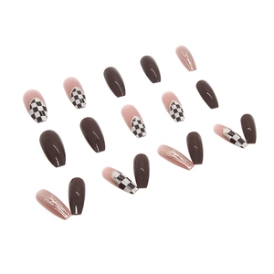 Chocolate brown and pink ballerina press-on nails with luxury gold foil and checkerboard pattern