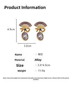Detailed specs of vintage fan-shaped earrings with purple pearls and alloy material details