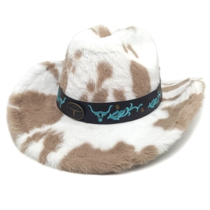 Chapeau de cowboy en peluche motif vache avec décoration de tête de bœuf métallique