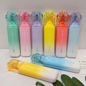 Six-color cat paw highlighter set with macaron gradient barrels and cute transparent caps
