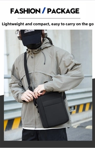 Men's black Oxford fabric crossbody bag worn by a model in a urban street setting