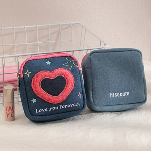Mini denim square pouch set with heart embroidery and stylish zipper closure details
