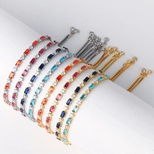Colorful zircon adjustable bracelets with rectangular gemstones in silver and gold finishes