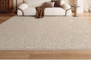 Detailed texture of the wabi-sabi mica oat waterproof rug on light wood flooring