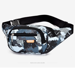 Close-up of waterproof camo waist bag with multi-layer zippers and Sport woven label